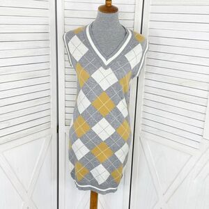 Willow & Wind Argyle Knit Sweater Vest Mini Dress Grey Yellow Small Preppy